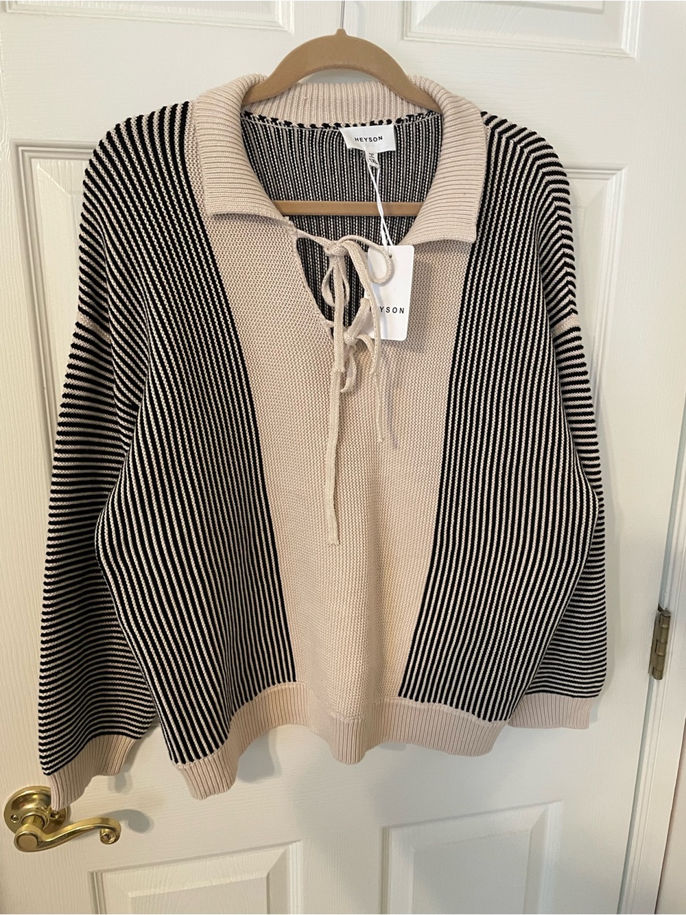Beige & Black Striped Lace-Up Collar Sweater